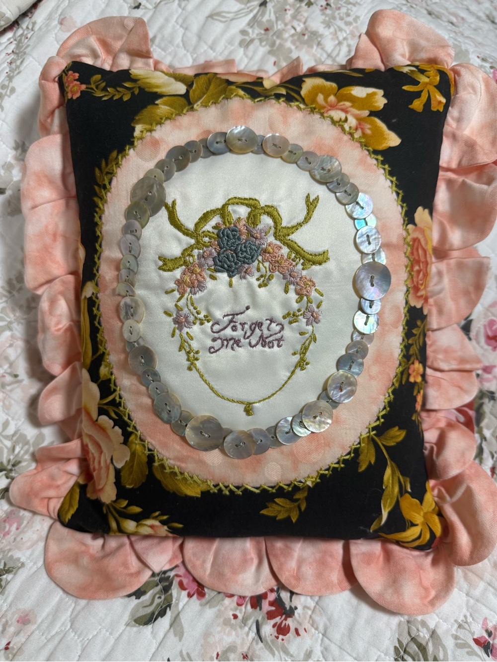 Handmade Embroidered Floral Decorative Pillow with Pink Ruffle